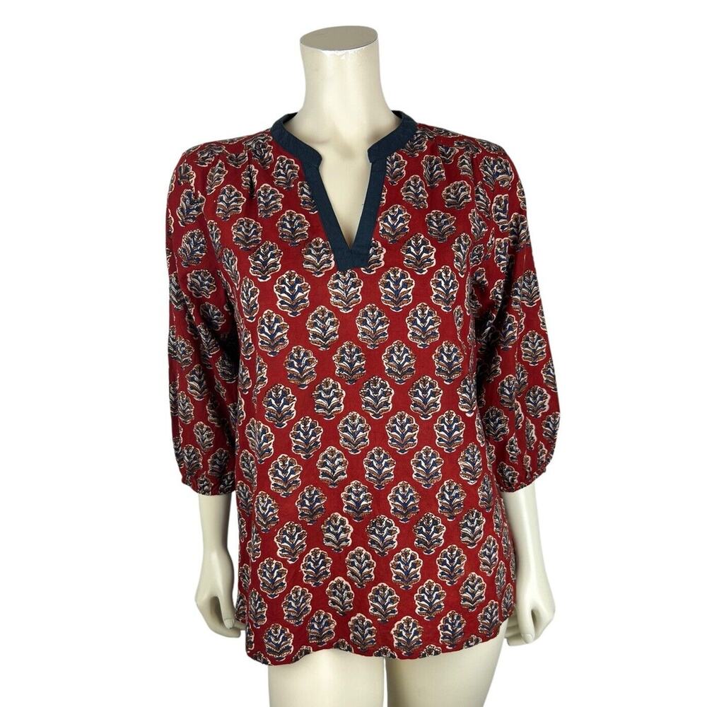 NEW Orvana London Printed Tunic Top Size S Vneck 3/4 Sleeve Boho Peasant Cotton